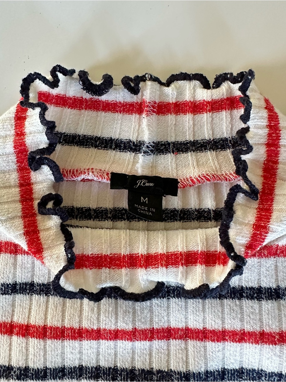 J. Crew Ribbed Ruffle Edge Striped Mock Neck - Picture 2 of 5